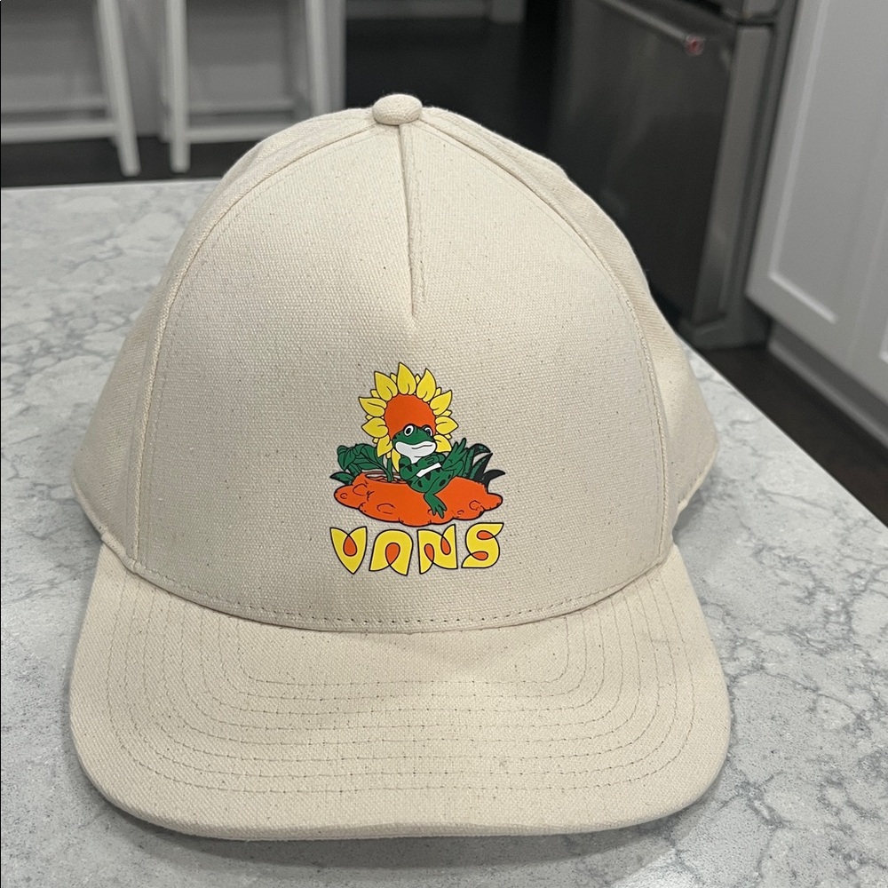 NEW VANS HAT ADULT ECO POSITIVITY SNAPBACK BASEBALL CAP BEIGE TAN FROG SUNFLOWER